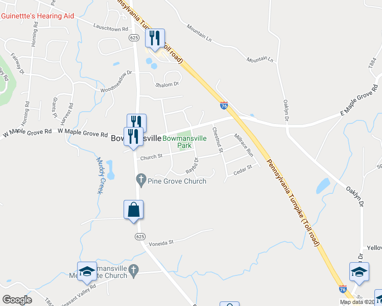 map of restaurants, bars, coffee shops, grocery stores, and more near 101 Raybil Drive in Narvon