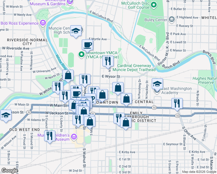 map of restaurants, bars, coffee shops, grocery stores, and more near 315 North Elm Street in Muncie