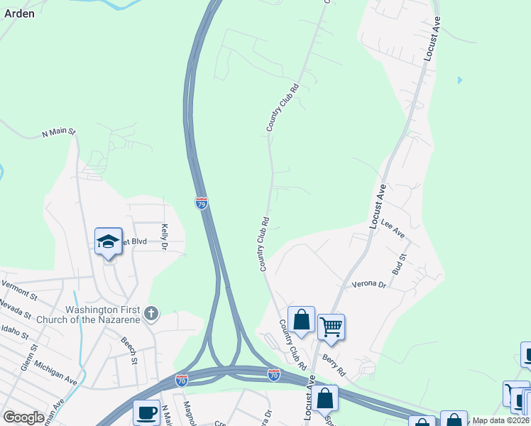 map of restaurants, bars, coffee shops, grocery stores, and more near 179 Country Club Road in Washington