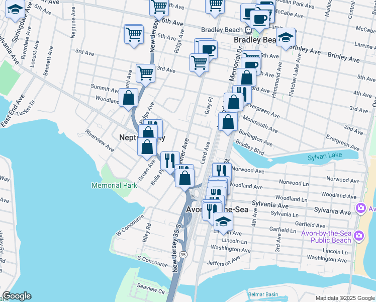 map of restaurants, bars, coffee shops, grocery stores, and more near 14 Bradley Street in Neptune City