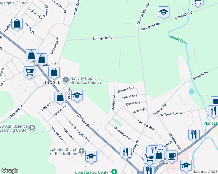 map of restaurants, bars, coffee shops, grocery stores, and more near 1326 Martin Avenue in Ephrata
