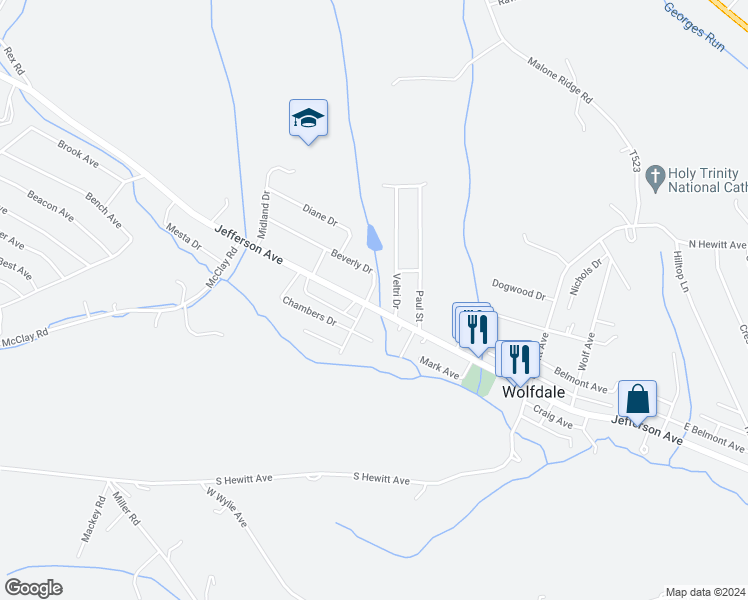 map of restaurants, bars, coffee shops, grocery stores, and more near 2496 Jefferson Avenue in Washington