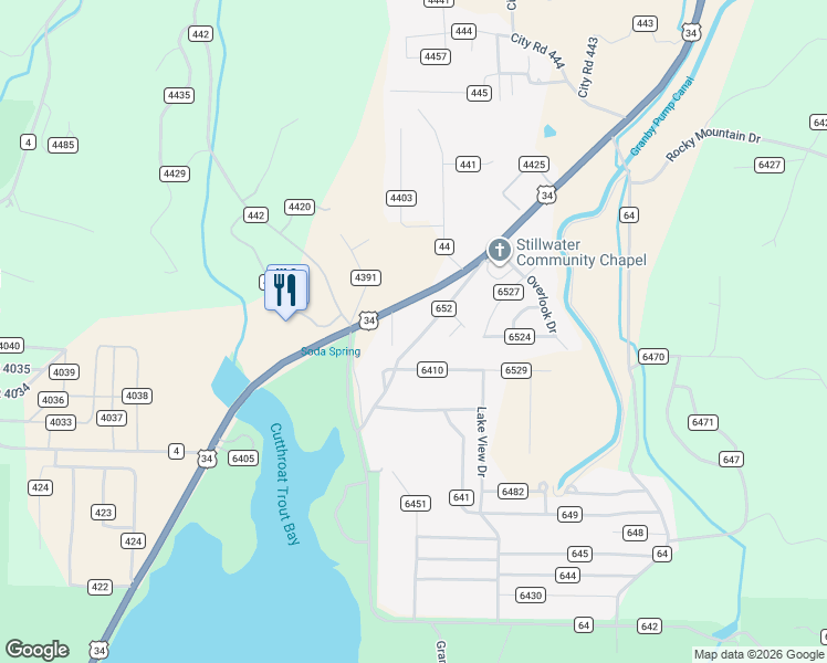 map of restaurants, bars, coffee shops, grocery stores, and more near 10164 U.S. 34 in Grand Lake