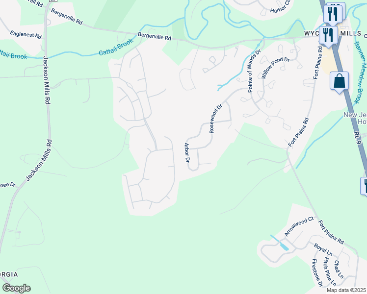 map of restaurants, bars, coffee shops, grocery stores, and more near 40 Arbor Drive in Howell Township