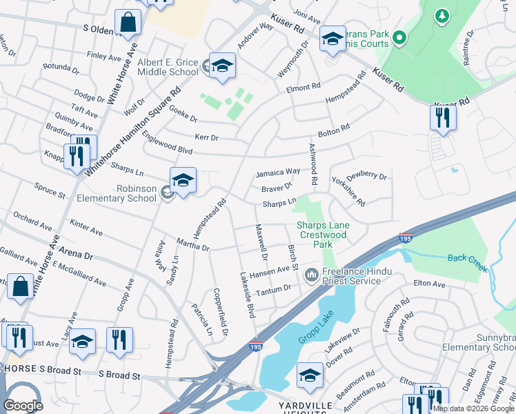 map of restaurants, bars, coffee shops, grocery stores, and more near 416 Maxwell Drive in Trenton