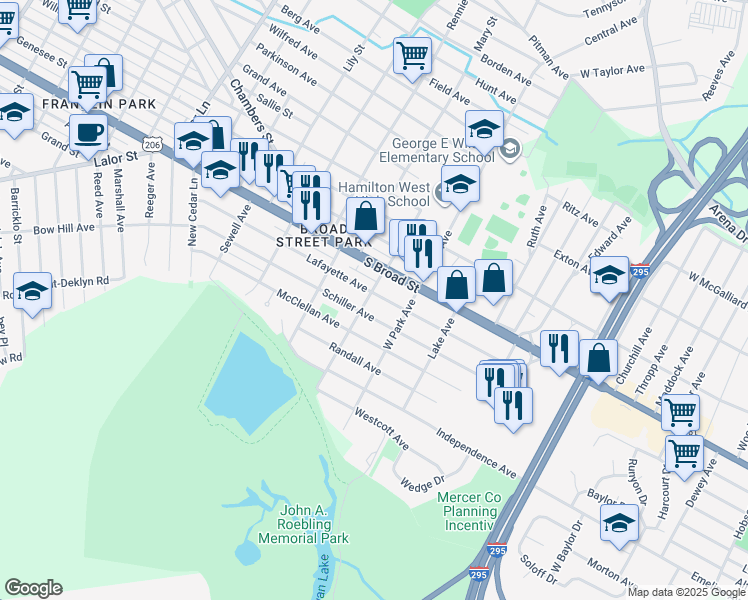 map of restaurants, bars, coffee shops, grocery stores, and more near in Broad Street Park