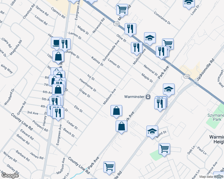 map of restaurants, bars, coffee shops, grocery stores, and more near 300 Madison Avenue in Warminster