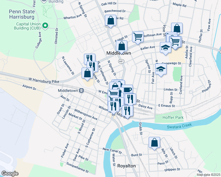 map of restaurants, bars, coffee shops, grocery stores, and more near 47 West Emaus Street in Middletown
