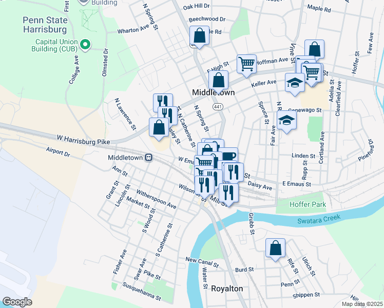 map of restaurants, bars, coffee shops, grocery stores, and more near 47 West Emaus Street in Middletown