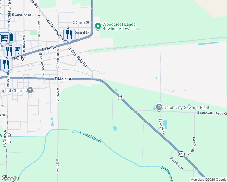 map of restaurants, bars, coffee shops, grocery stores, and more near 262 Ohio 571 in Union City