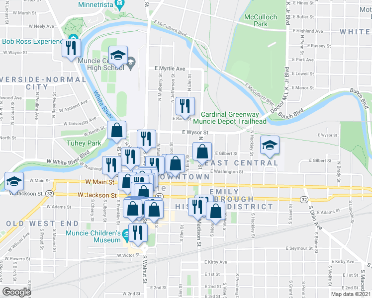 map of restaurants, bars, coffee shops, grocery stores, and more near 317 North Elm Street in Muncie
