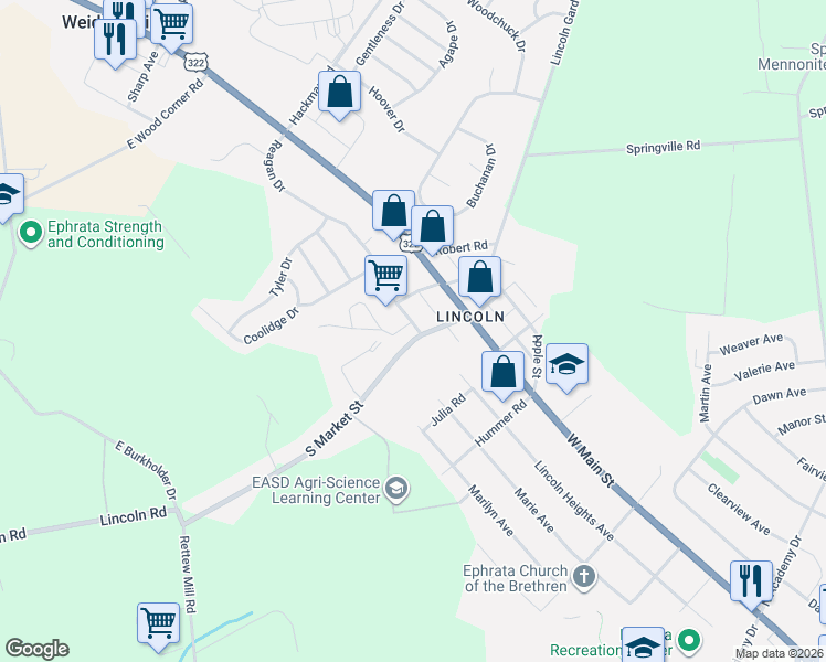 map of restaurants, bars, coffee shops, grocery stores, and more near 111 South Market Street in Ephrata