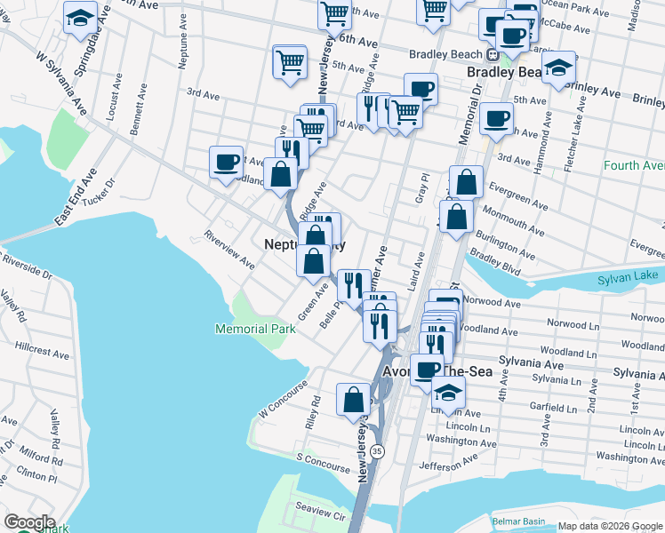 map of restaurants, bars, coffee shops, grocery stores, and more near 50 West Sylvania Avenue in Neptune City
