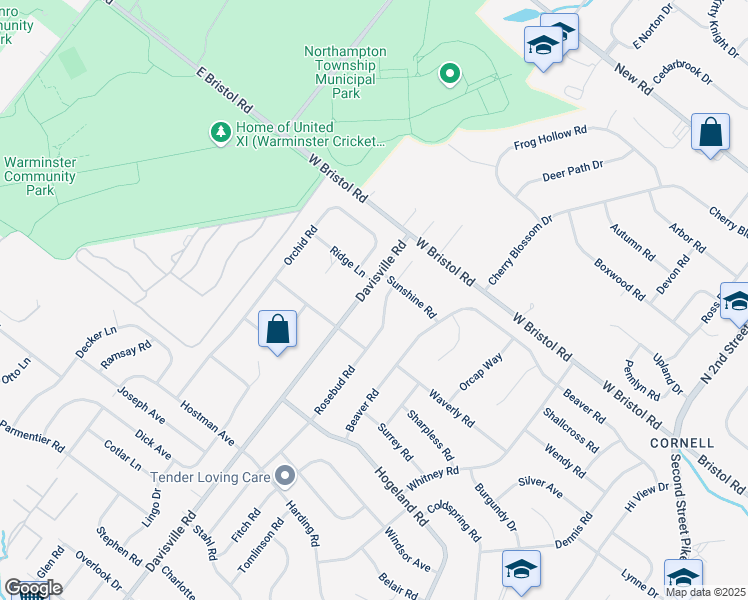map of restaurants, bars, coffee shops, grocery stores, and more near 1438 Rosebud Road in Southampton
