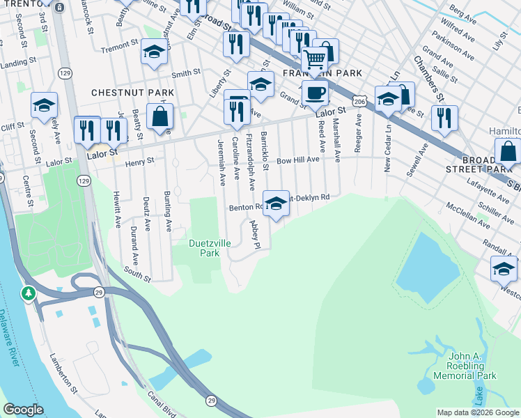 map of restaurants, bars, coffee shops, grocery stores, and more near 6 Abbey Place in Trenton