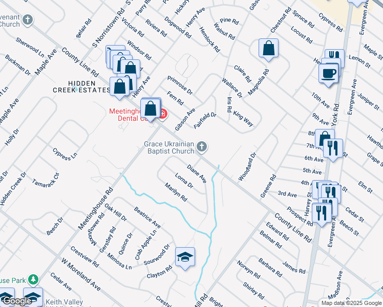 map of restaurants, bars, coffee shops, grocery stores, and more near 217 West County Line Road in Huntingdon Valley