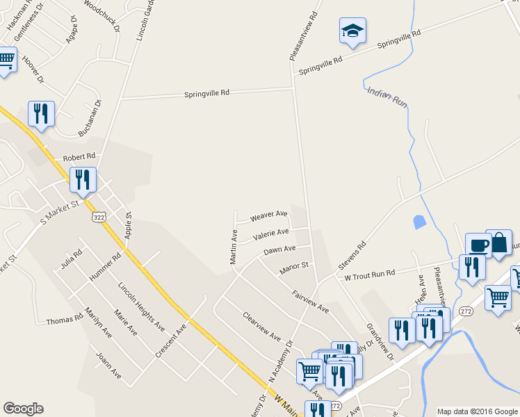 map of restaurants, bars, coffee shops, grocery stores, and more near 40 Weaver Avenue in Ephrata