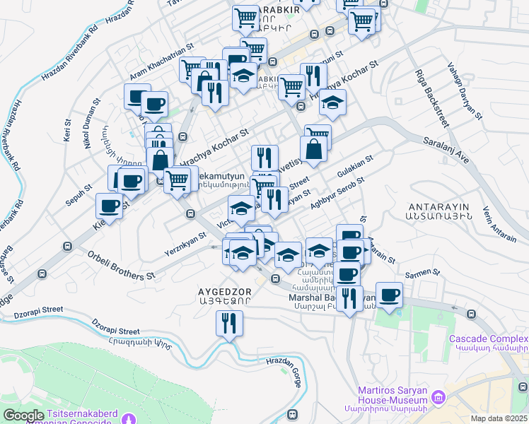 map of restaurants, bars, coffee shops, grocery stores, and more near 19 Gulbenkian Street in Yerevan