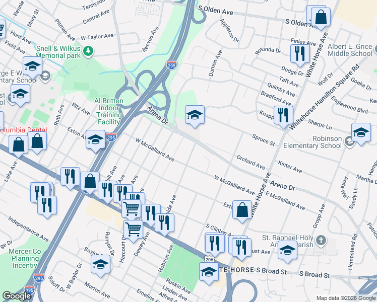 map of restaurants, bars, coffee shops, grocery stores, and more near 343 Woodside Avenue in Hamilton Township