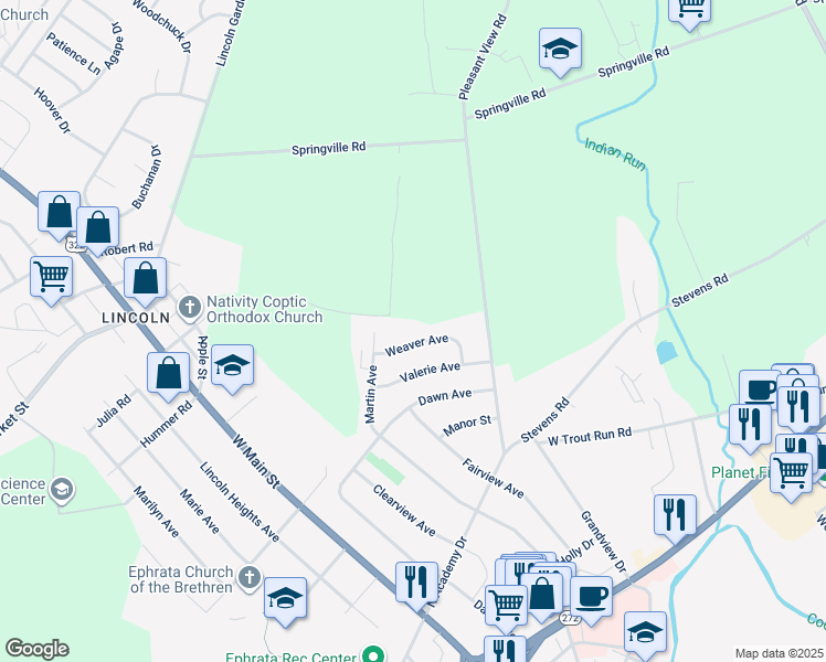 map of restaurants, bars, coffee shops, grocery stores, and more near 40 Weaver Avenue in Ephrata