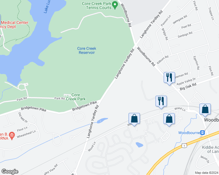 map of restaurants, bars, coffee shops, grocery stores, and more near 1257 Langhorne Yardley Road in Langhorne