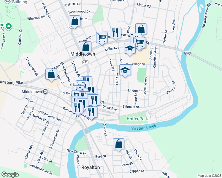 map of restaurants, bars, coffee shops, grocery stores, and more near 109 Spruce Street in Middletown