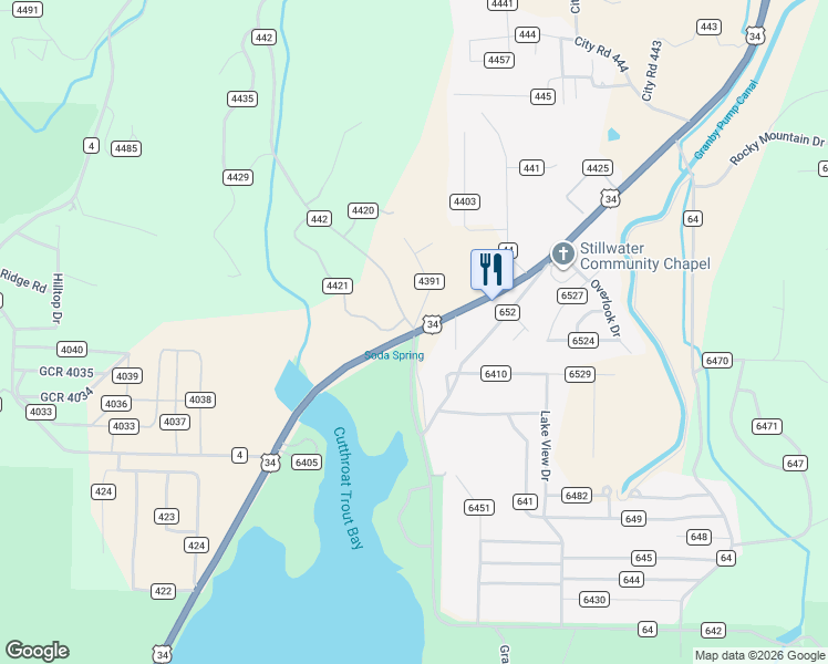 map of restaurants, bars, coffee shops, grocery stores, and more near 10117 U.S. 34 in Grand Lake