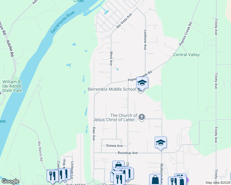 map of restaurants, bars, coffee shops, grocery stores, and more near 515 Kaer Avenue in Red Bluff