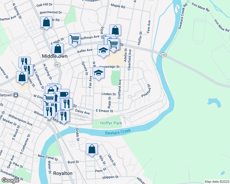 map of restaurants, bars, coffee shops, grocery stores, and more near 511 Linden Street in Middletown