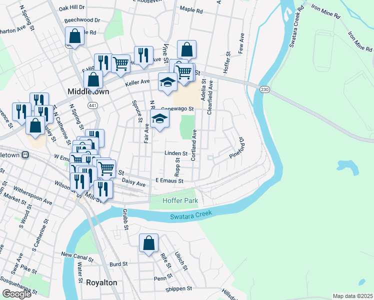 map of restaurants, bars, coffee shops, grocery stores, and more near 511 Linden Street in Middletown