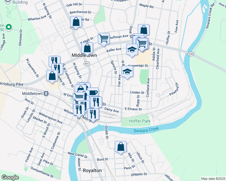 map of restaurants, bars, coffee shops, grocery stores, and more near 109 Spruce Street in Middletown