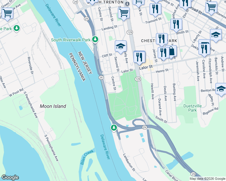 map of restaurants, bars, coffee shops, grocery stores, and more near 1168 Lamberton Street in Trenton