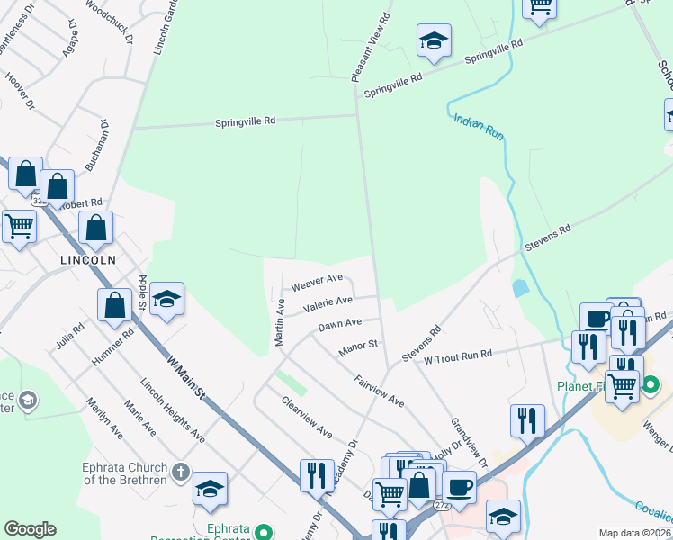 map of restaurants, bars, coffee shops, grocery stores, and more near 59 Weaver Avenue in Ephrata
