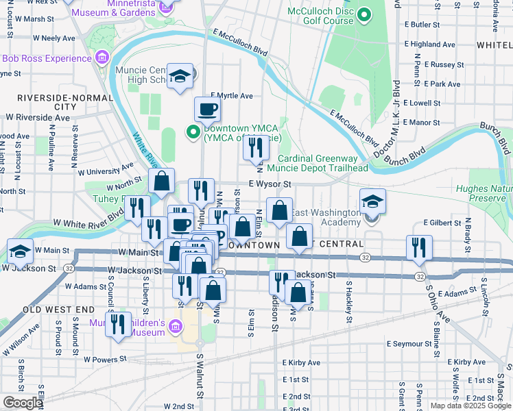 map of restaurants, bars, coffee shops, grocery stores, and more near 334 East Gilbert Street in Muncie