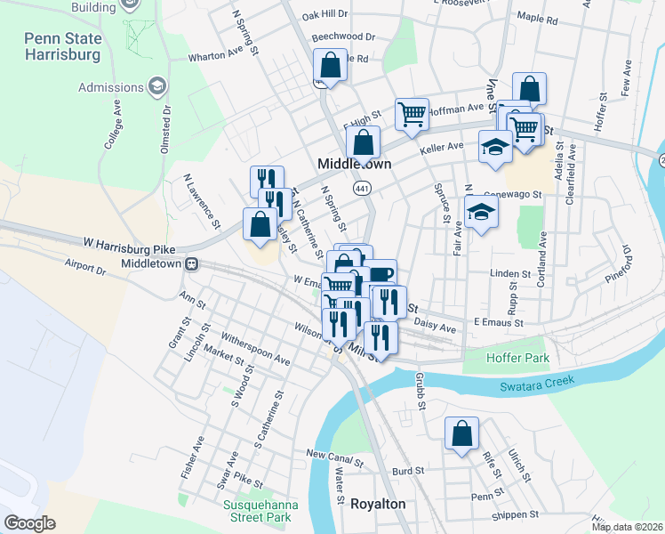 map of restaurants, bars, coffee shops, grocery stores, and more near 47 West Emaus Street in Middletown