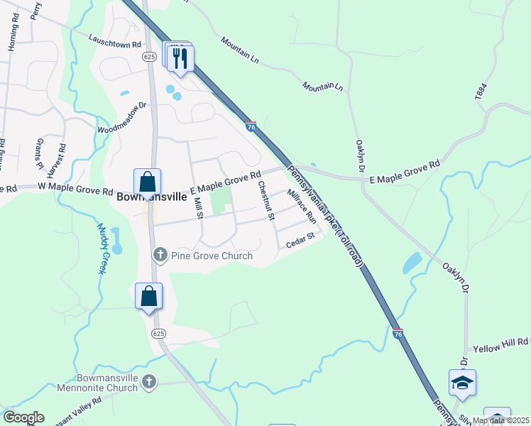 map of restaurants, bars, coffee shops, grocery stores, and more near 1225 Chestnut Street in Narvon