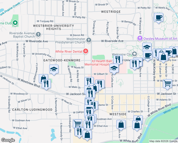map of restaurants, bars, coffee shops, grocery stores, and more near in Muncie