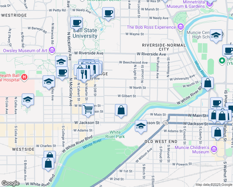 map of restaurants, bars, coffee shops, grocery stores, and more near 1324 West Gilbert Street in Muncie