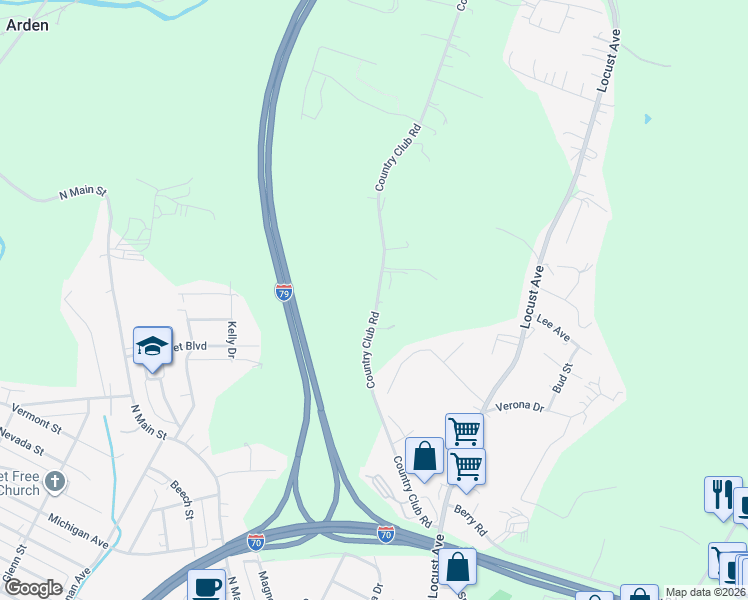 map of restaurants, bars, coffee shops, grocery stores, and more near 179 Country Club Road in Washington