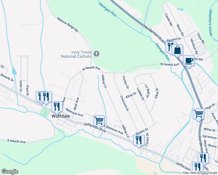 map of restaurants, bars, coffee shops, grocery stores, and more near 335 Crescent Drive in Washington