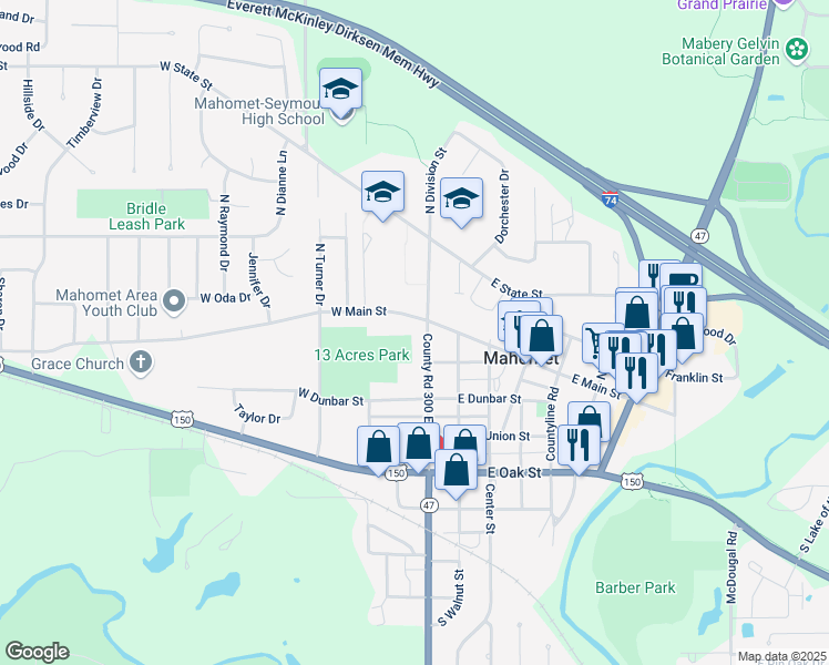 map of restaurants, bars, coffee shops, grocery stores, and more near 107 South Division Street in Mahomet