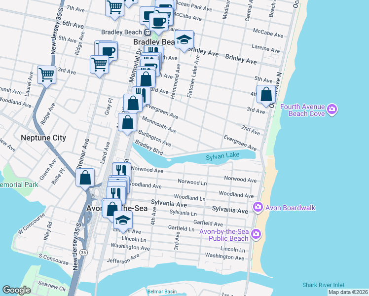 map of restaurants, bars, coffee shops, grocery stores, and more near 400 Bradley Boulevard in Bradley Beach