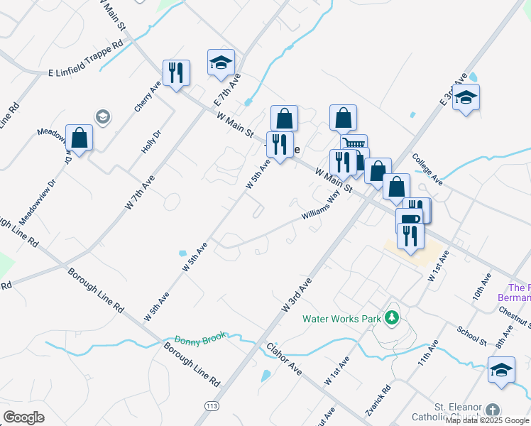 map of restaurants, bars, coffee shops, grocery stores, and more near 135 Fairway Drive in Collegeville