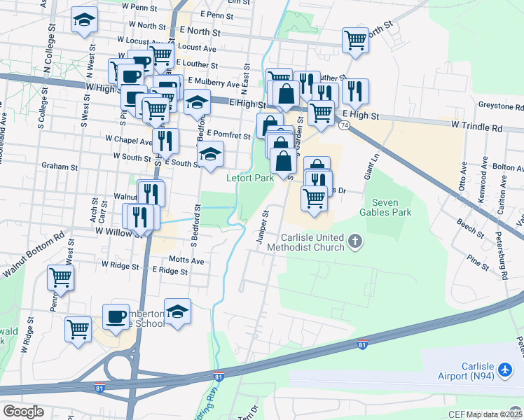 map of restaurants, bars, coffee shops, grocery stores, and more near 318 Juniper Street in Carlisle