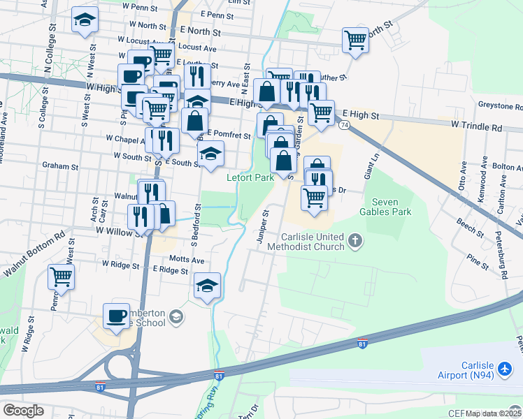 map of restaurants, bars, coffee shops, grocery stores, and more near 318 Juniper Street in Carlisle