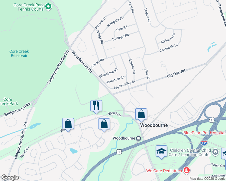 map of restaurants, bars, coffee shops, grocery stores, and more near 180 Apple Valley Drive in Langhorne