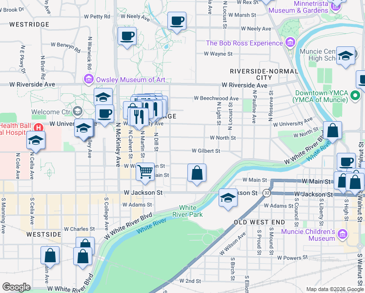 map of restaurants, bars, coffee shops, grocery stores, and more near 1417 West Gilbert Street in Muncie