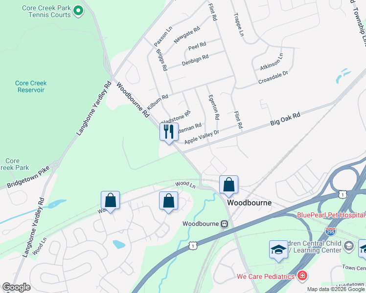 map of restaurants, bars, coffee shops, grocery stores, and more near 180 Apple Valley Drive in Langhorne