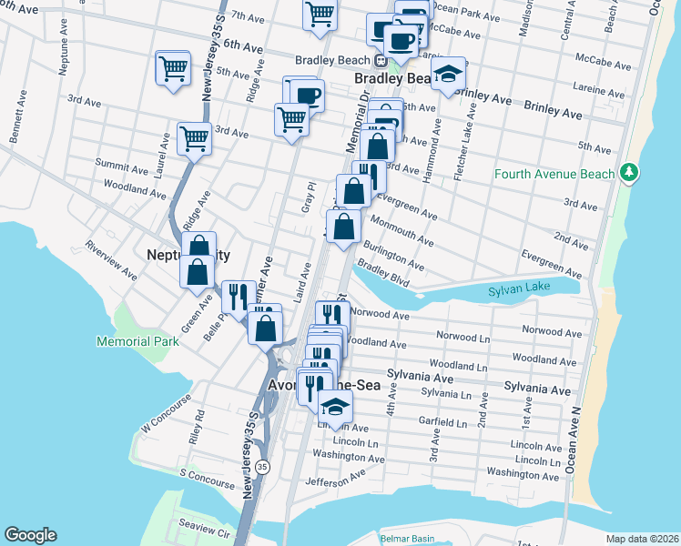 map of restaurants, bars, coffee shops, grocery stores, and more near 526 West End Avenue in Avon-by-the-Sea