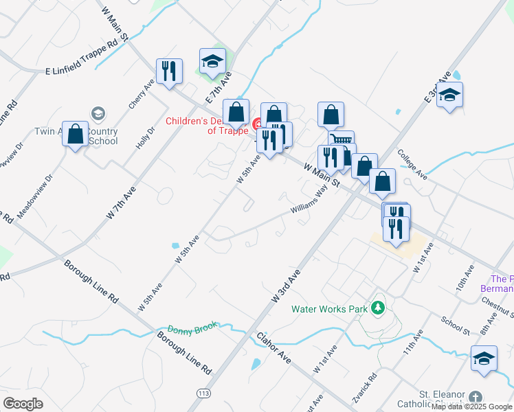 map of restaurants, bars, coffee shops, grocery stores, and more near 135 Fairway Drive in Collegeville